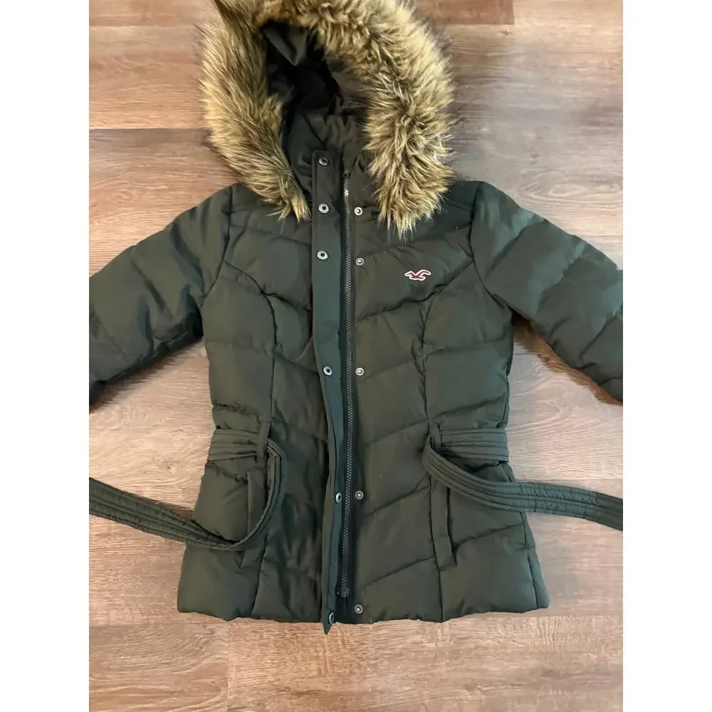 Hollister Women’s Down Puffer Jacket Small Green Faux Fur Hood Winter Coat - Picture 4 of 9